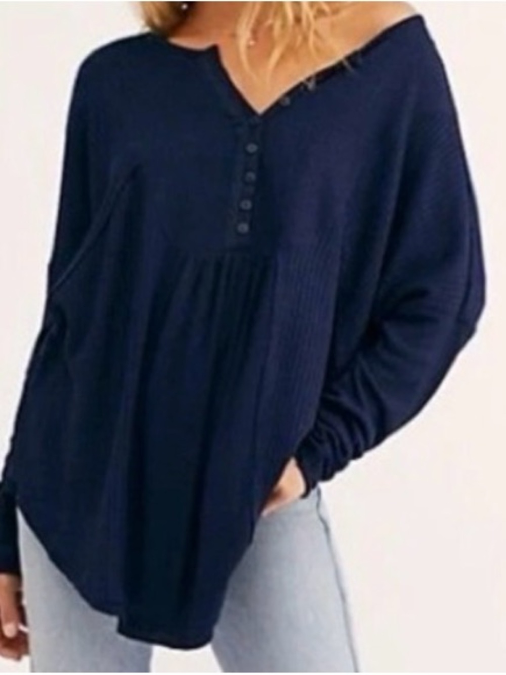 #883 FREE PEOPLE Navy Waffle Henley Long Sleeve Oversized Thermal